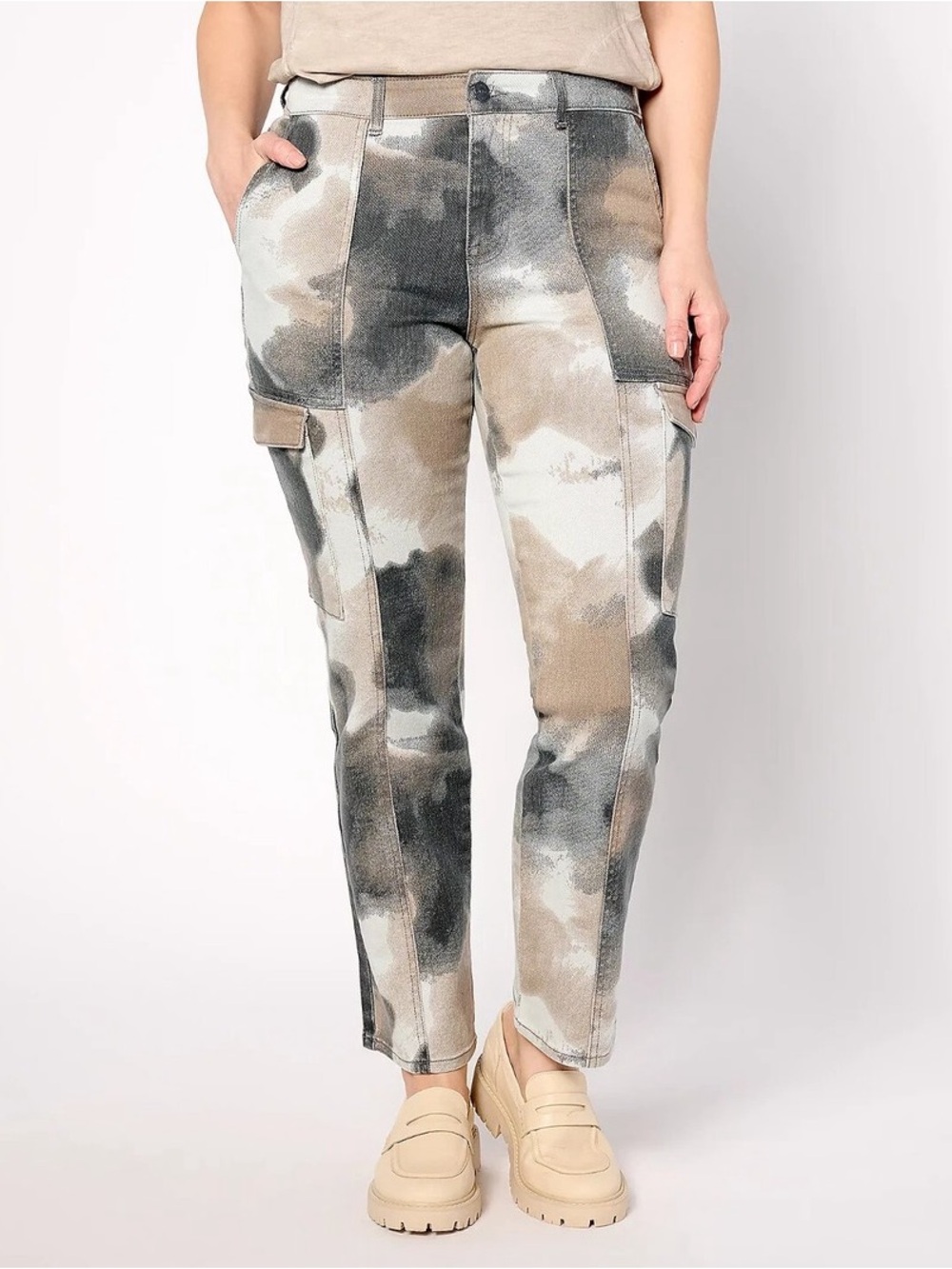 Logo Lori Goldstein Straight Leg Cargo Jeans Women 20 Abstract Tie-Dye Brown